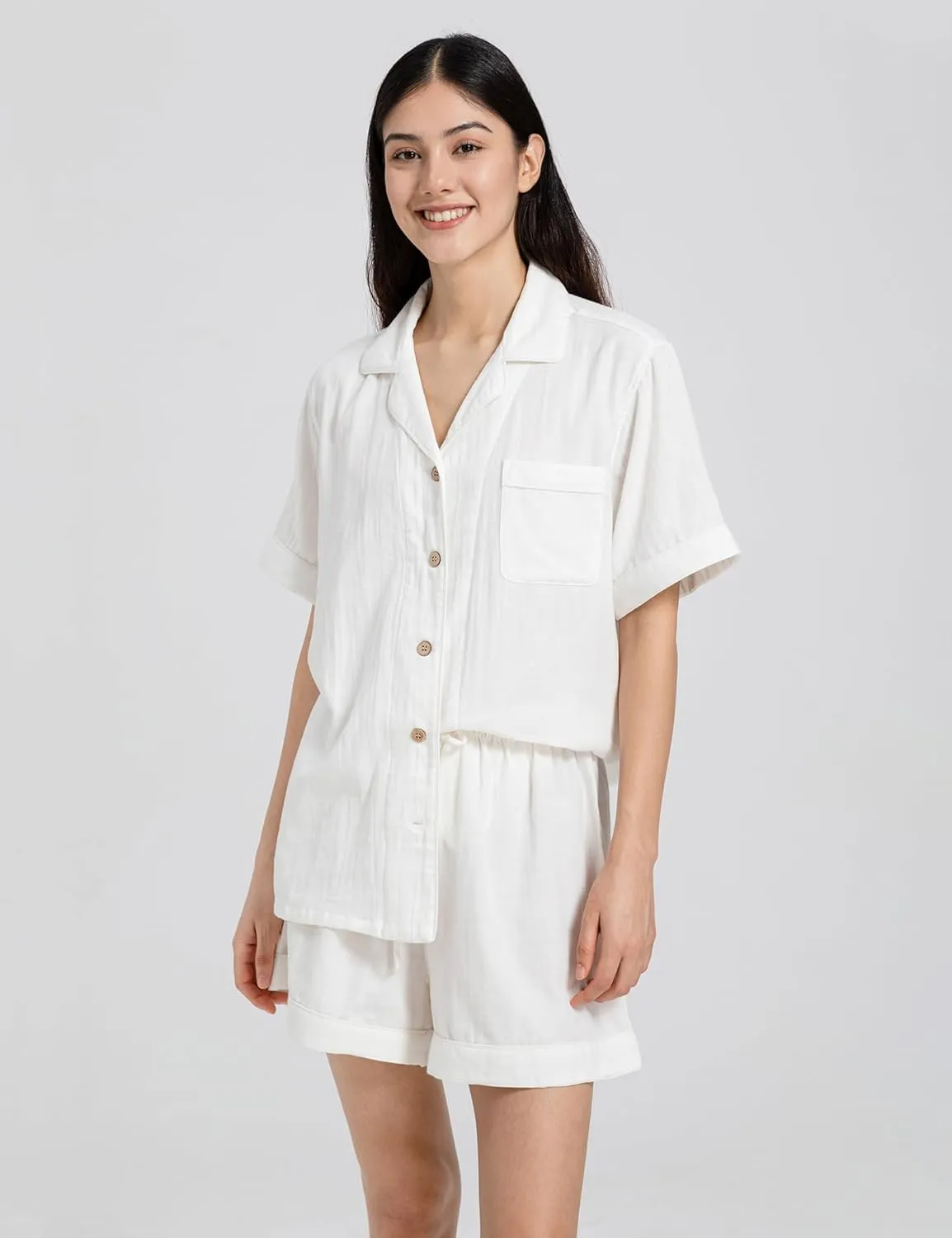 Womens Pajamas Set 100% Gauze Cotton Linen Like 2 Piece Button Down Short Pjs Sets Soft Comfy Sleepwear Loungewear