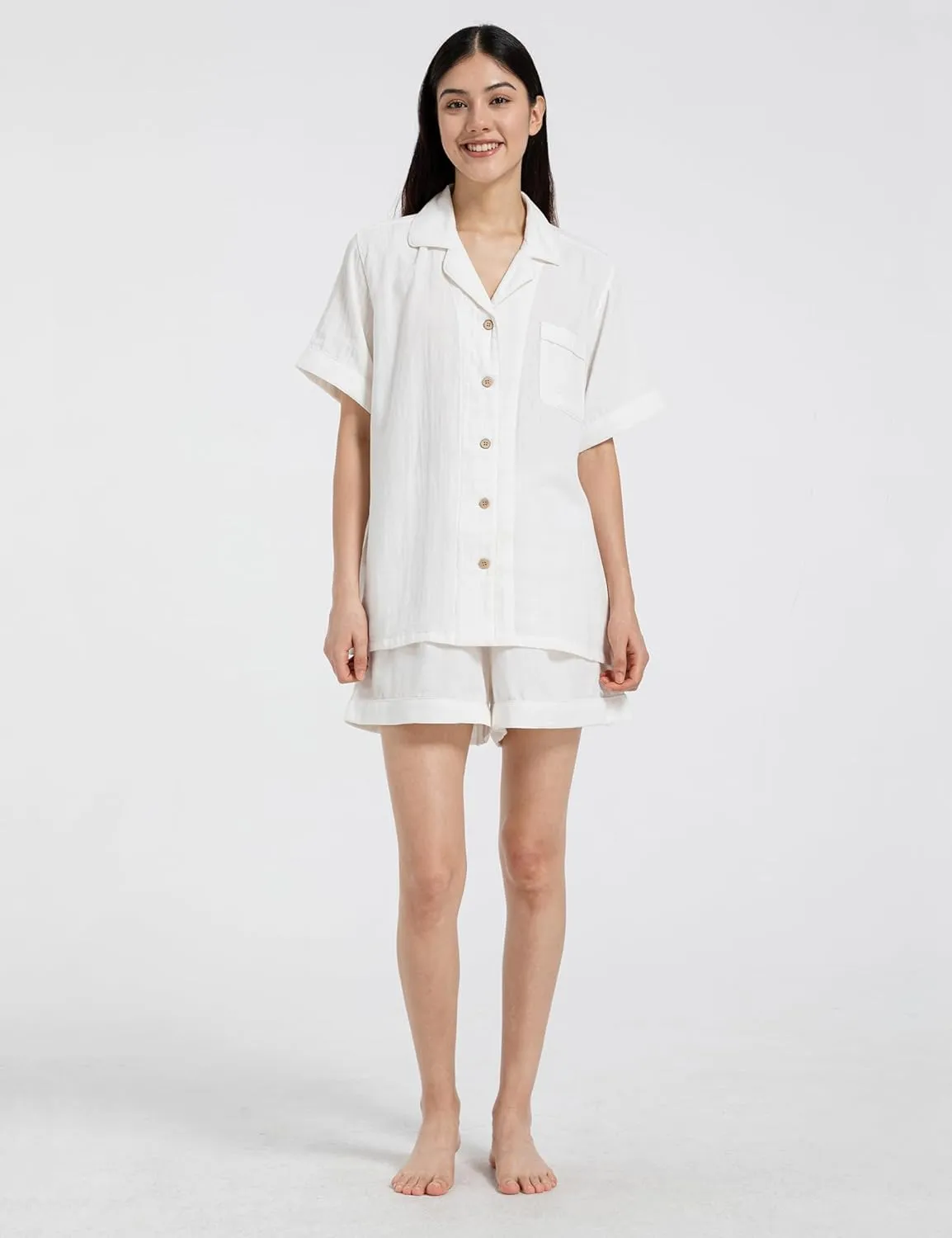Womens Pajamas Set 100% Gauze Cotton Linen Like 2 Piece Button Down Short Pjs Sets Soft Comfy Sleepwear Loungewear