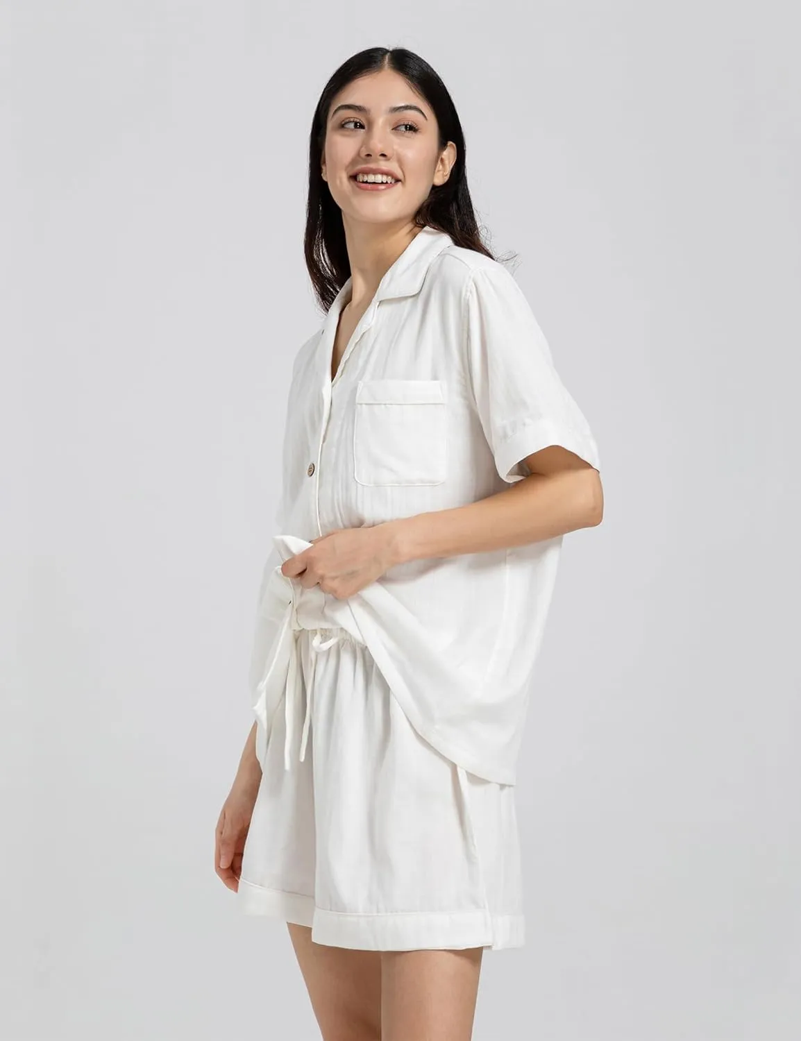 Womens Pajamas Set 100% Gauze Cotton Linen Like 2 Piece Button Down Short Pjs Sets Soft Comfy Sleepwear Loungewear