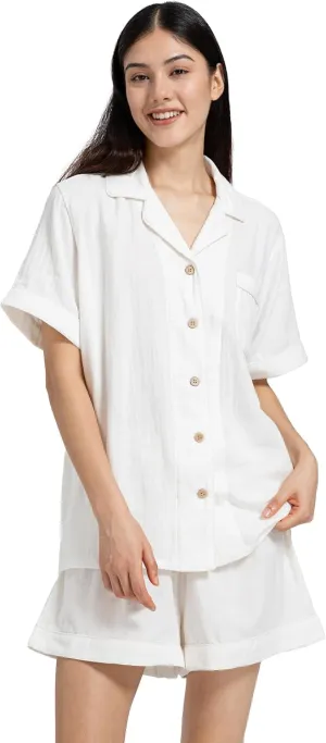 Womens Pajamas Set 100% Gauze Cotton Linen Like 2 Piece Button Down Short Pjs Sets Soft Comfy Sleepwear Loungewear