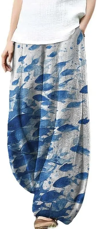 Women's Pants Casual Floral Print Wide Leg Relax Fit Ankle Length Lantern Trousers