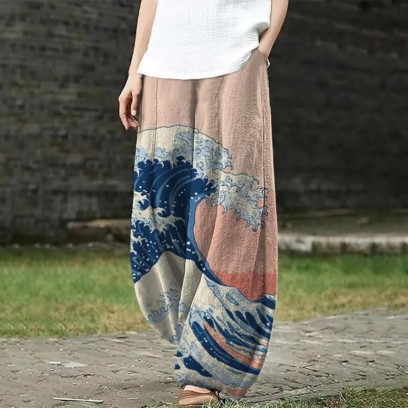 Women's Pants Casual Floral Print Wide Leg Relax Fit Ankle Length Lantern Trousers