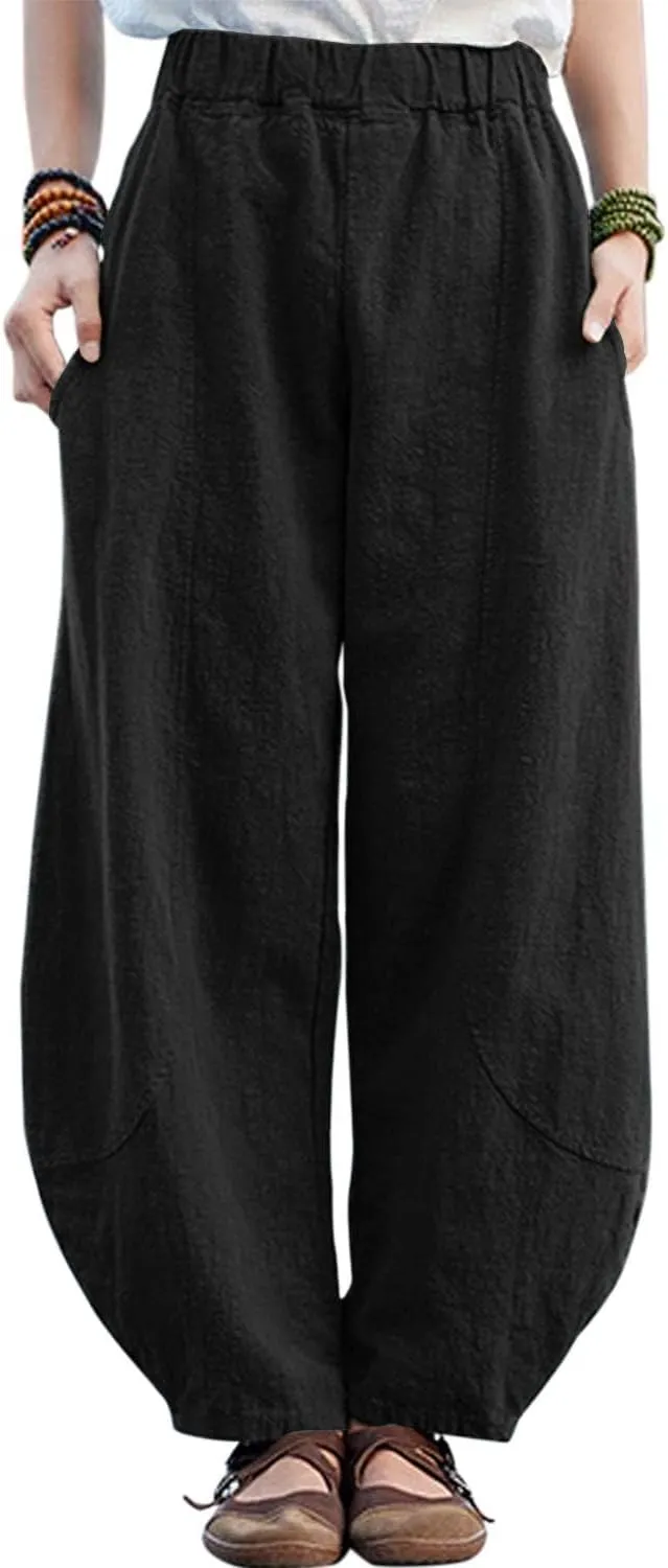 Women's Pants Casual Floral Print Wide Leg Relax Fit Ankle Length Lantern Trousers