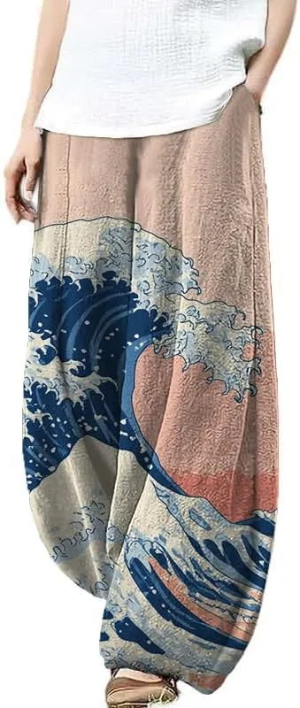 Women's Pants Casual Floral Print Wide Leg Relax Fit Ankle Length Lantern Trousers