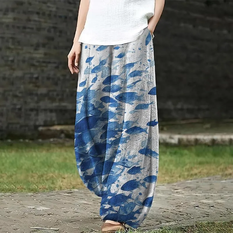 Women's Pants Casual Floral Print Wide Leg Relax Fit Ankle Length Lantern Trousers