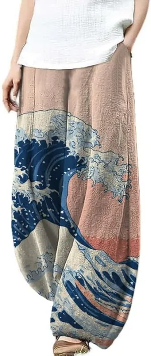 Women's Pants Casual Floral Print Wide Leg Relax Fit Ankle Length Lantern Trousers