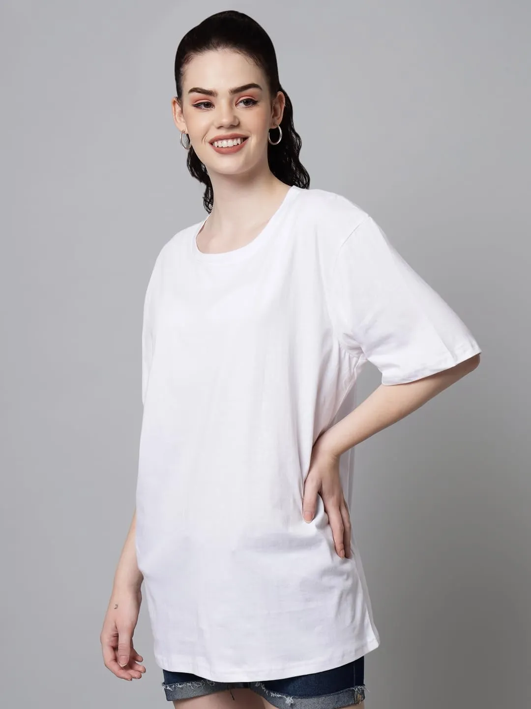 Women's Pure Cotton Casual Oversized Round Neck Drop Shoulder Tshirt