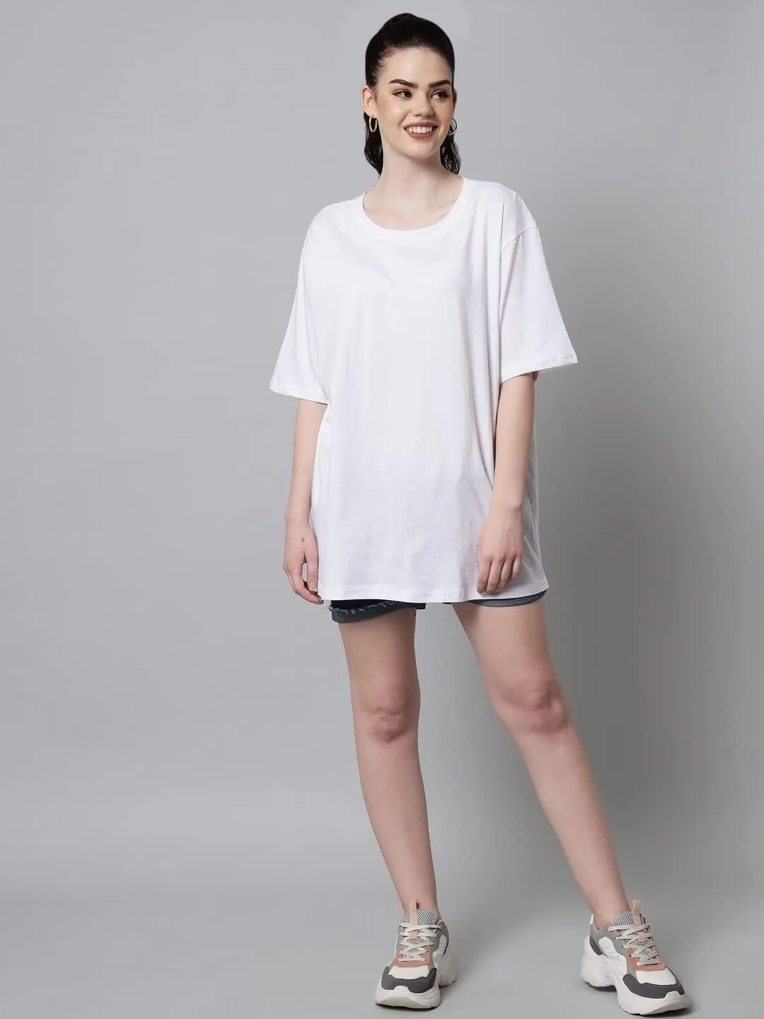 Women's Pure Cotton Casual Oversized Round Neck Drop Shoulder Tshirt