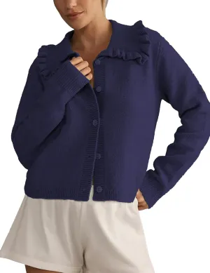 Womens Ruffle Cropped Sweater Open Front Outerwear Elegant Long Sleeve Knitted Cardigan Button Jacket Fall Tops