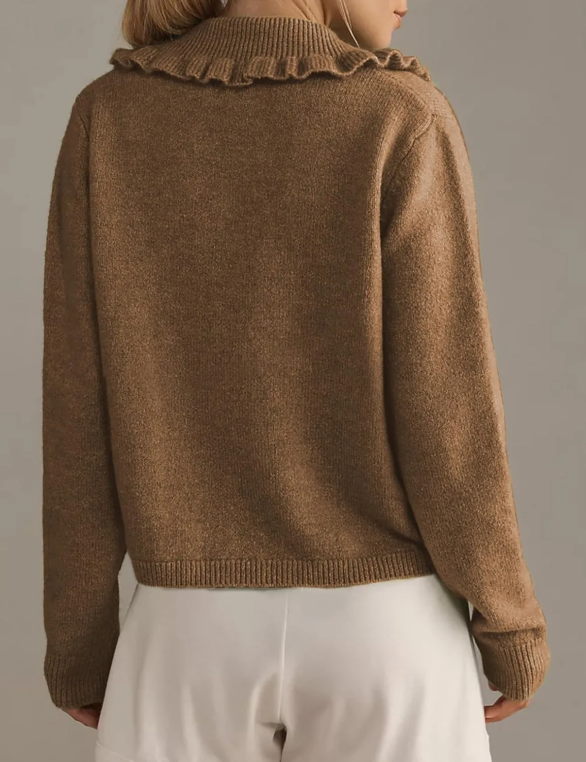 Womens Ruffle Cropped Sweater Open Front Outerwear Elegant Long Sleeve Knitted Cardigan Button Jacket Fall Tops