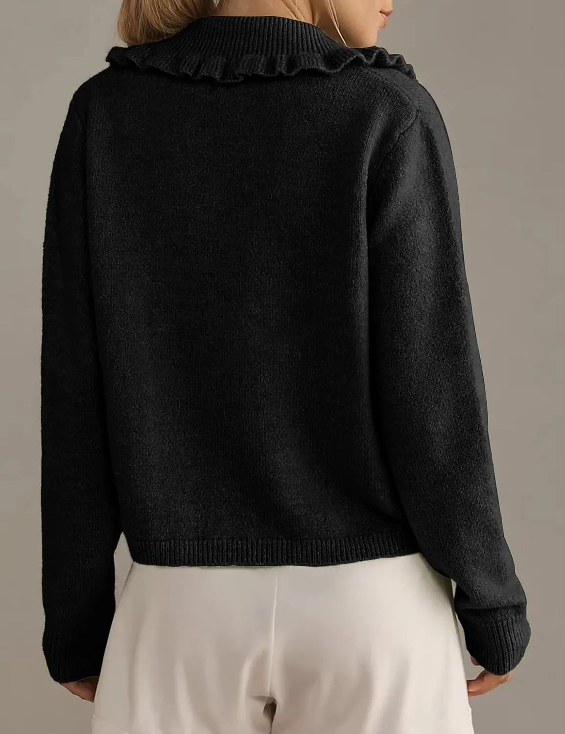 Womens Ruffle Cropped Sweater Open Front Outerwear Elegant Long Sleeve Knitted Cardigan Button Jacket Fall Tops