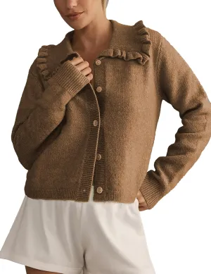Womens Ruffle Cropped Sweater Open Front Outerwear Elegant Long Sleeve Knitted Cardigan Button Jacket Fall Tops