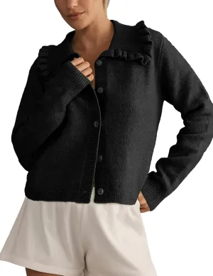 Womens Ruffle Cropped Sweater Open Front Outerwear Elegant Long Sleeve Knitted Cardigan Button Jacket Fall Tops