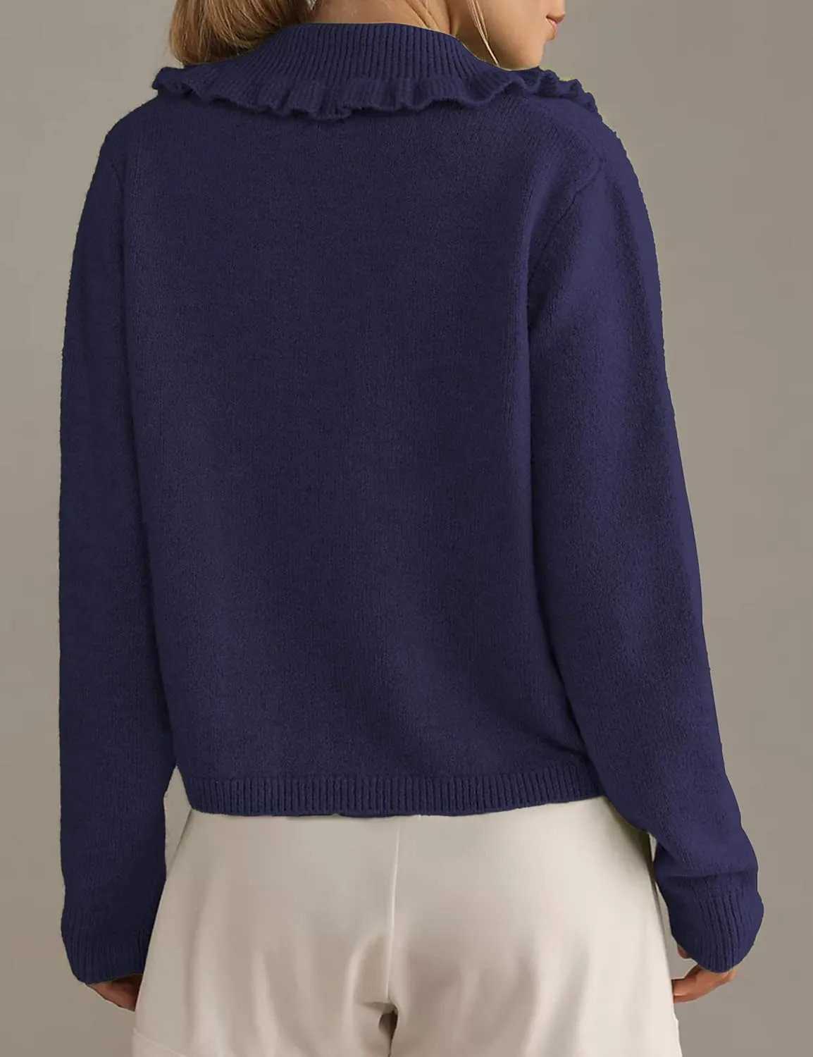 Womens Ruffle Cropped Sweater Open Front Outerwear Elegant Long Sleeve Knitted Cardigan Button Jacket Fall Tops