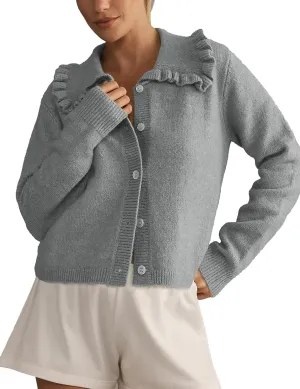Womens Ruffle Cropped Sweater Open Front Outerwear Elegant Long Sleeve Knitted Cardigan Button Jacket Fall Tops