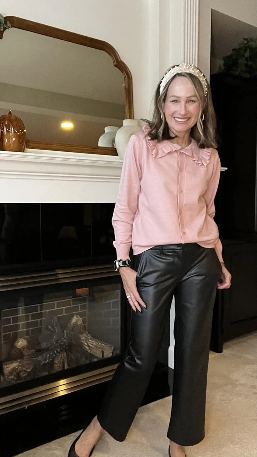 Womens Ruffle Cropped Sweater Open Front Outerwear Elegant Long Sleeve Knitted Cardigan Button Jacket Fall Tops