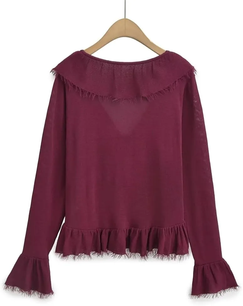 Women's Ruffled Lace Up Loose Knit Shirt Dressy Casual Long Sleeve Office Work Shirts Tops