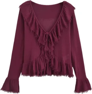 Women's Ruffled Lace Up Loose Knit Shirt Dressy Casual Long Sleeve Office Work Shirts Tops