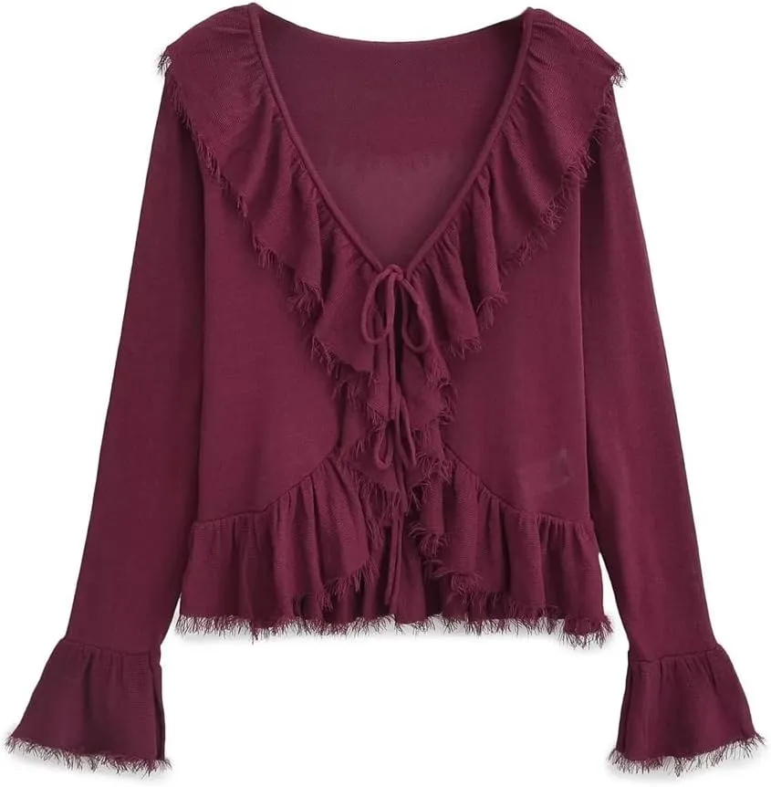 Women's Ruffled Lace Up Loose Knit Shirt Dressy Casual Long Sleeve Office Work Shirts Tops