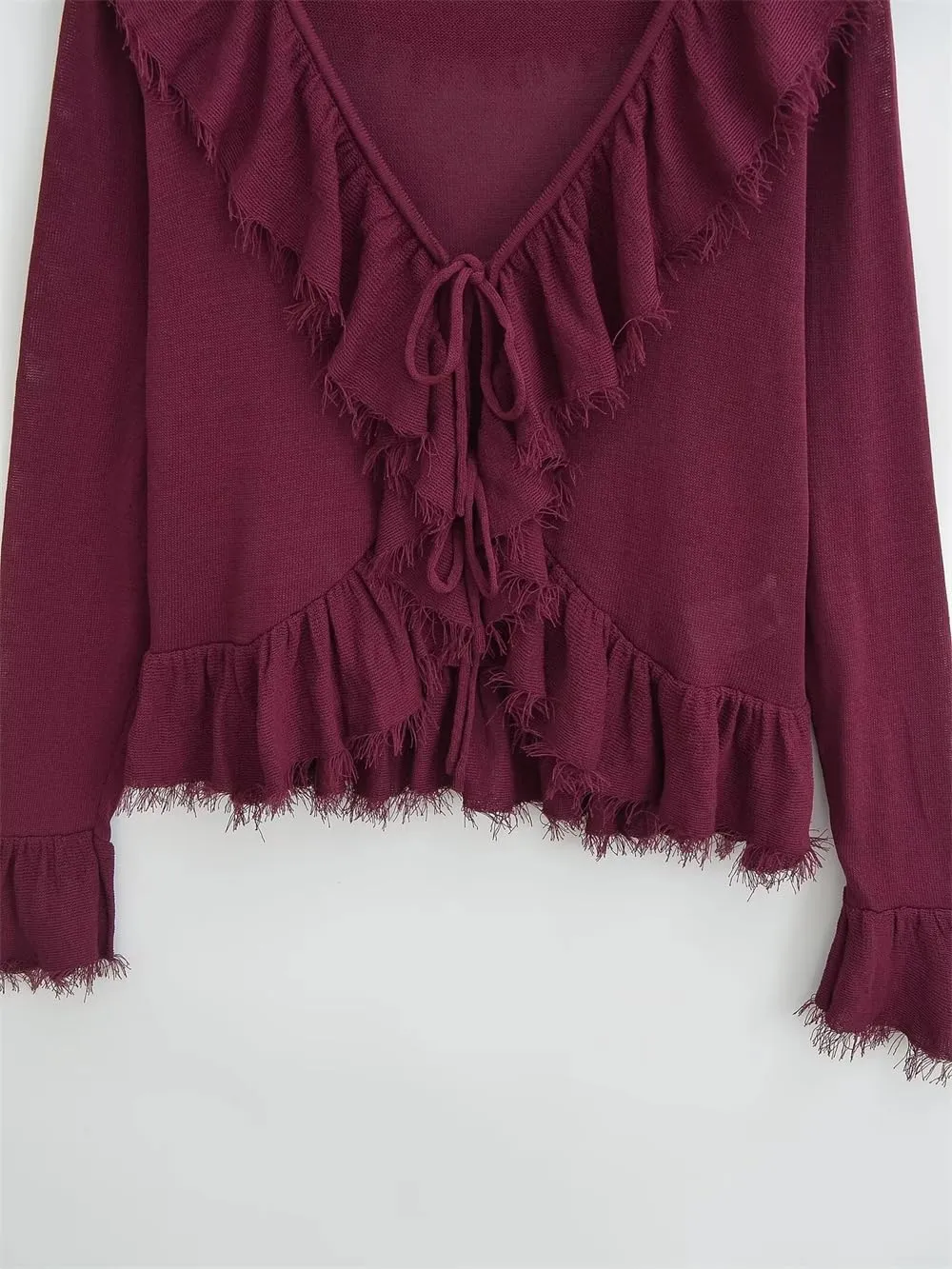 Women's Ruffled Lace Up Loose Knit Shirt Dressy Casual Long Sleeve Office Work Shirts Tops