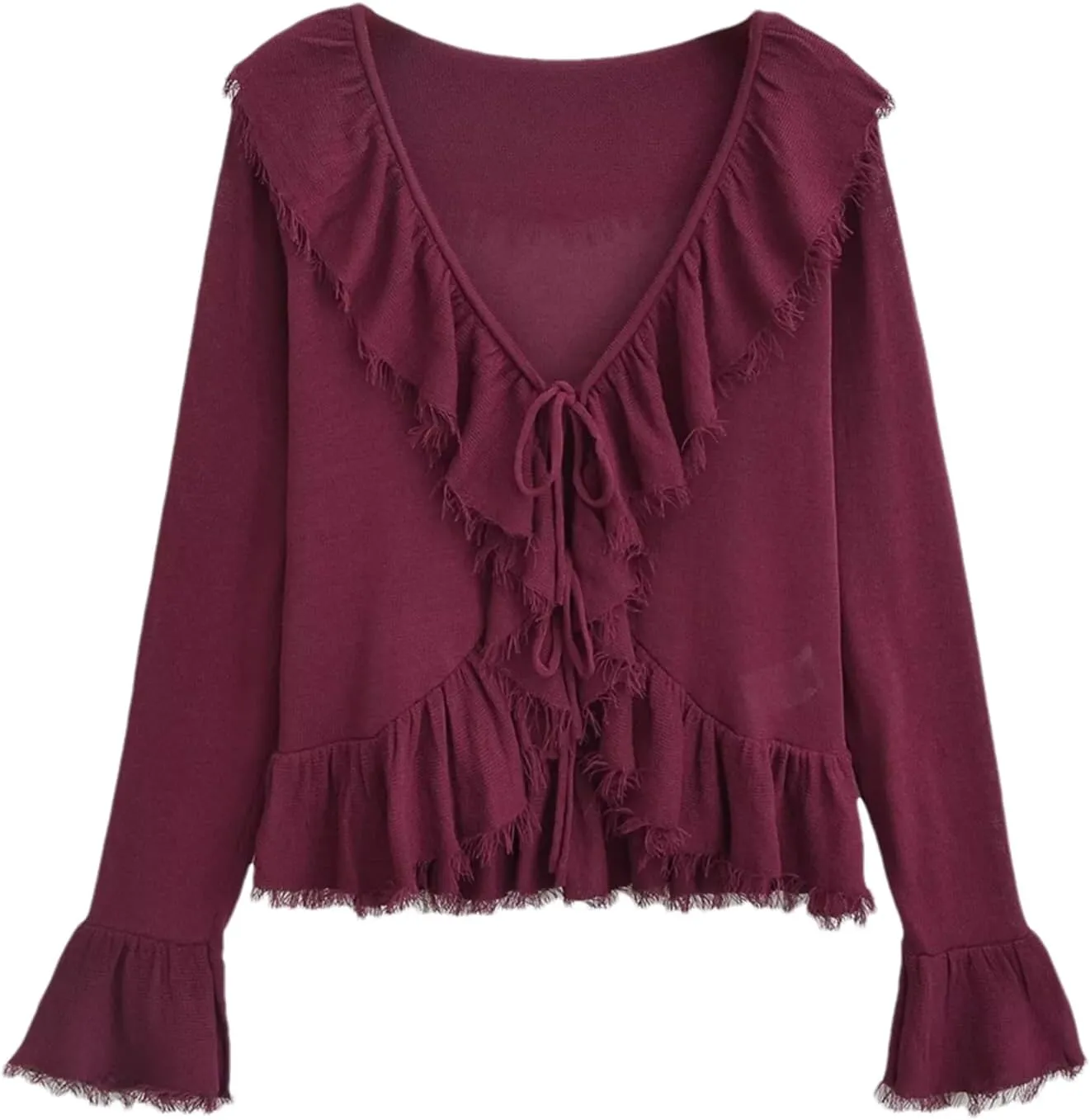 Women's Ruffled Lace Up Loose Knit Shirt Dressy Casual Long Sleeve Office Work Shirts Tops