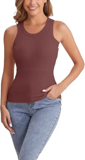 Womens Shelf Bra Tank Tops Summer Round Neck Solid Camis Racerback Workout Yoga Gym Outfits Layering Undershirt