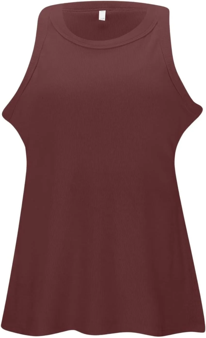 Womens Shelf Bra Tank Tops Summer Round Neck Solid Camis Racerback Workout Yoga Gym Outfits Layering Undershirt
