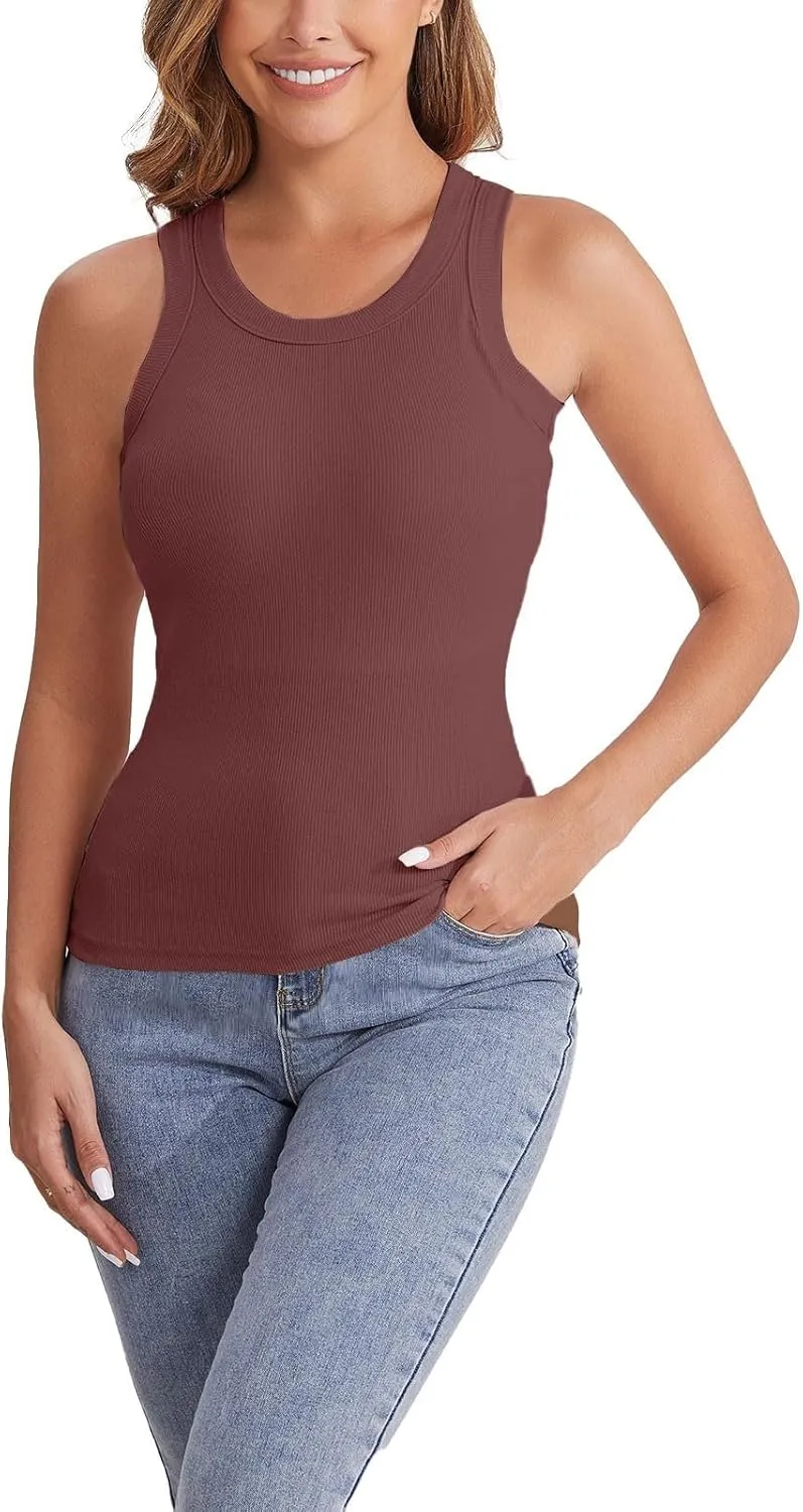 Womens Shelf Bra Tank Tops Summer Round Neck Solid Camis Racerback Workout Yoga Gym Outfits Layering Undershirt