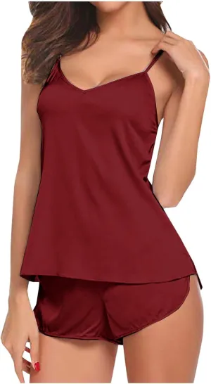 Womens silk Satin Pj Set Comfy Cami Sleepwear Sets 2 Piece Tank Tops and Boxer Shorts Pajamas Soft Sexy Loungewear Set