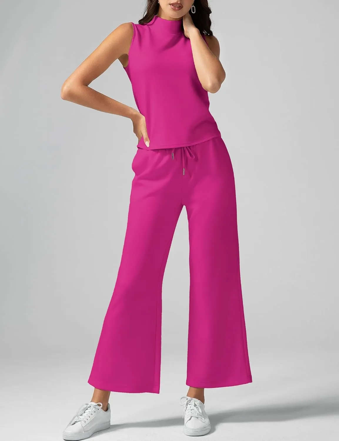 Women's Summer 2 Piece Outfits Mock Neck Tank Top Cropped Wide Leg Pants Lounge Sets 2025 Fashion Tracksuit