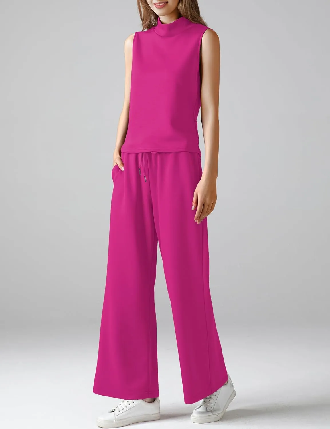 Women's Summer 2 Piece Outfits Mock Neck Tank Top Cropped Wide Leg Pants Lounge Sets 2025 Fashion Tracksuit