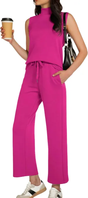 Women's Summer 2 Piece Outfits Mock Neck Tank Top Cropped Wide Leg Pants Lounge Sets 2025 Fashion Tracksuit