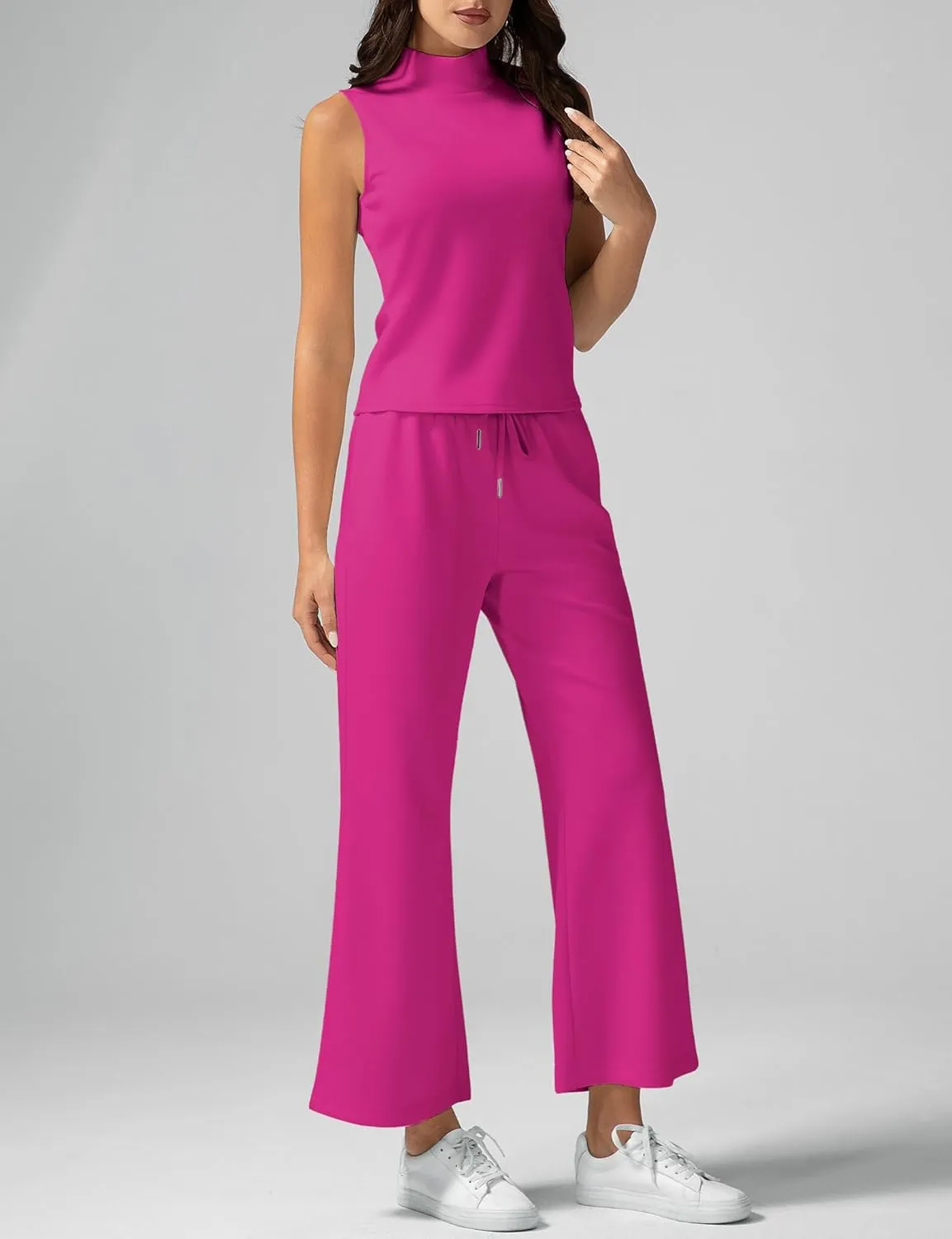 Women's Summer 2 Piece Outfits Mock Neck Tank Top Cropped Wide Leg Pants Lounge Sets 2025 Fashion Tracksuit