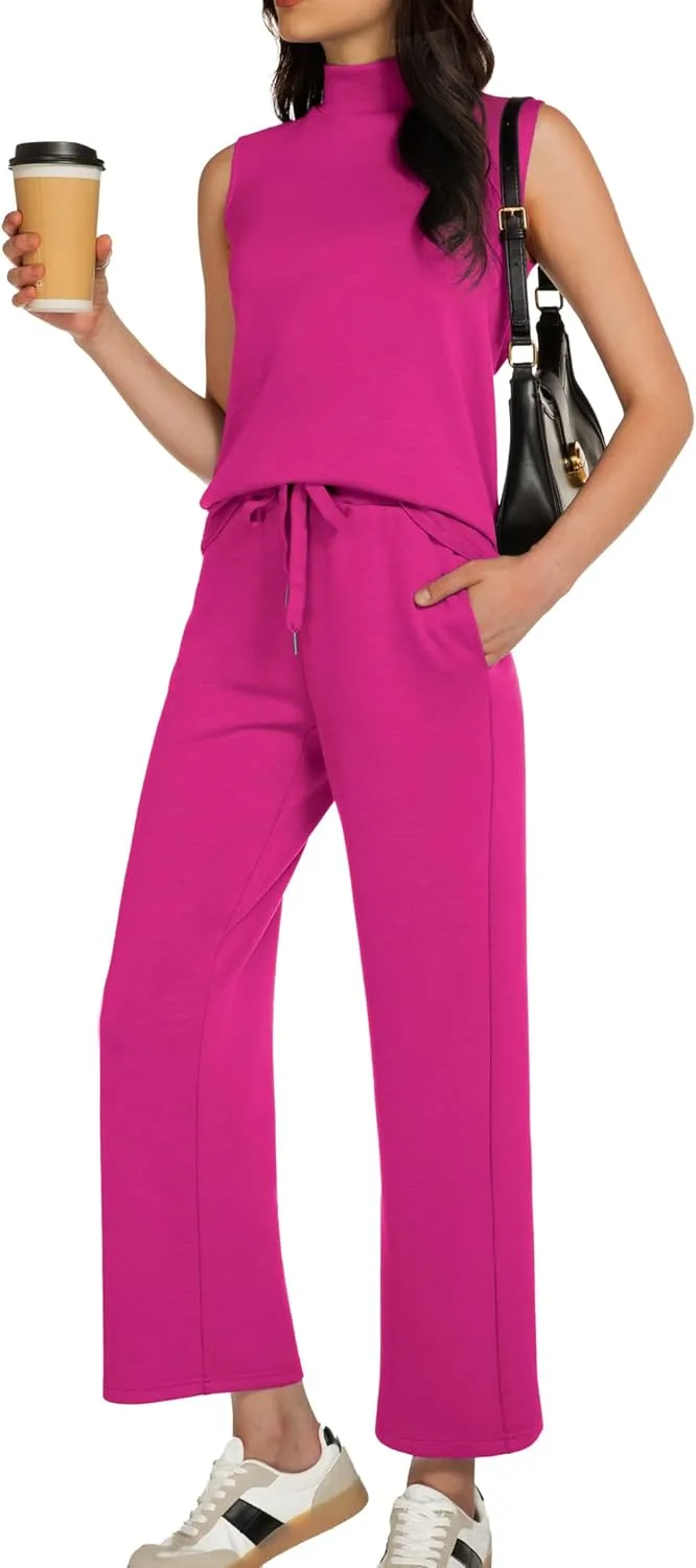 Women's Summer 2 Piece Outfits Mock Neck Tank Top Cropped Wide Leg Pants Lounge Sets 2025 Fashion Tracksuit
