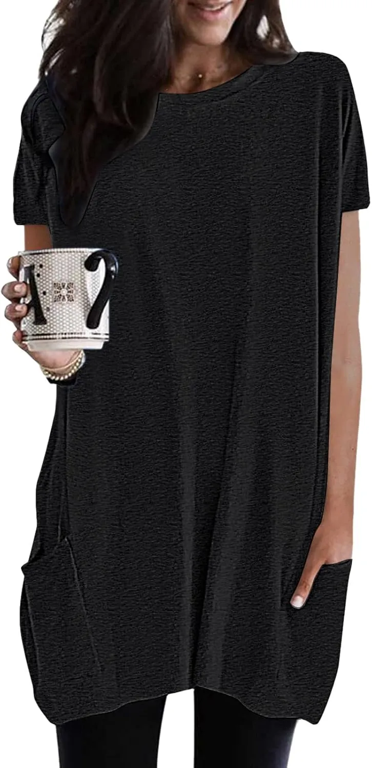 Womens Tunic Tops for Leggings Summer Short Sleeve Casual Long T Shirts Fashion Oversized Crew Neck Tops with Pockets