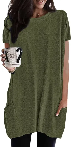 Womens Tunic Tops for Leggings Summer Short Sleeve Casual Long T Shirts Fashion Oversized Crew Neck Tops with Pockets