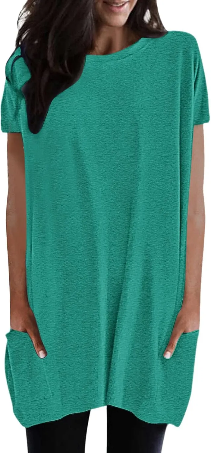 Womens Tunic Tops for Leggings Summer Short Sleeve Casual Long T Shirts Fashion Oversized Crew Neck Tops with Pockets