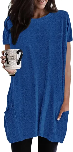 Womens Tunic Tops for Leggings Summer Short Sleeve Casual Long T Shirts Fashion Oversized Crew Neck Tops with Pockets