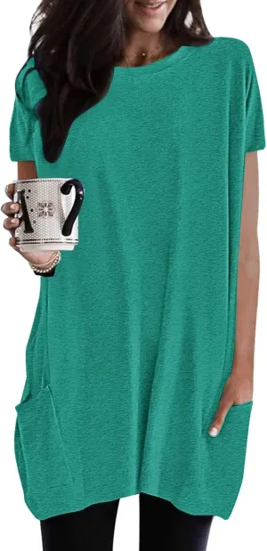 Womens Tunic Tops for Leggings Summer Short Sleeve Casual Long T Shirts Fashion Oversized Crew Neck Tops with Pockets
