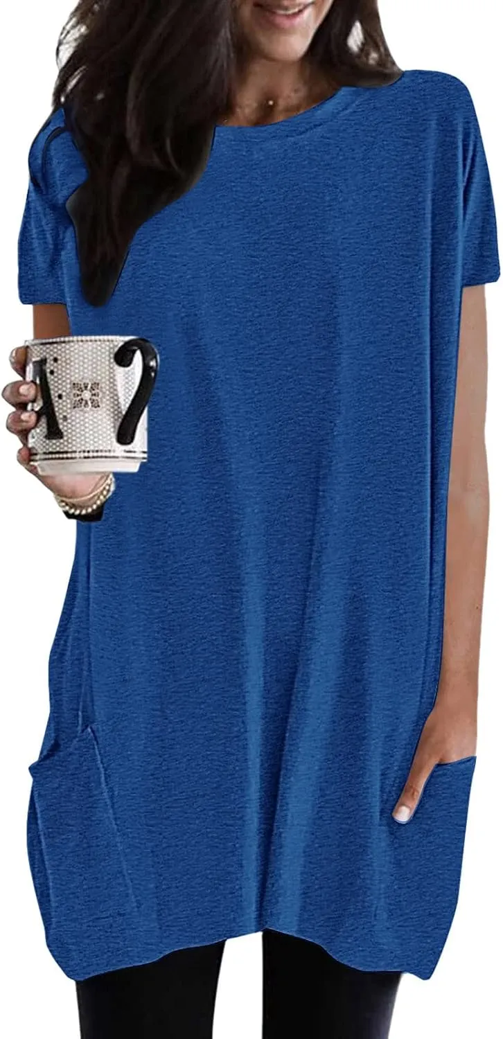 Womens Tunic Tops for Leggings Summer Short Sleeve Casual Long T Shirts Fashion Oversized Crew Neck Tops with Pockets