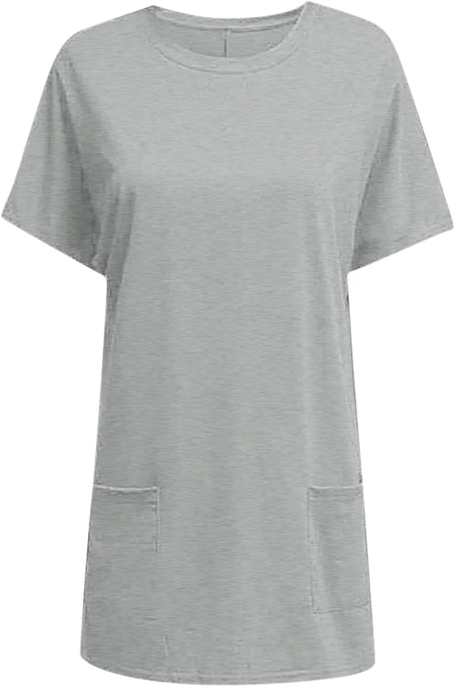 Womens Tunic Tops for Leggings Summer Short Sleeve Casual Long T Shirts Fashion Oversized Crew Neck Tops with Pockets