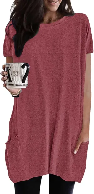 Womens Tunic Tops for Leggings Summer Short Sleeve Casual Long T Shirts Fashion Oversized Crew Neck Tops with Pockets