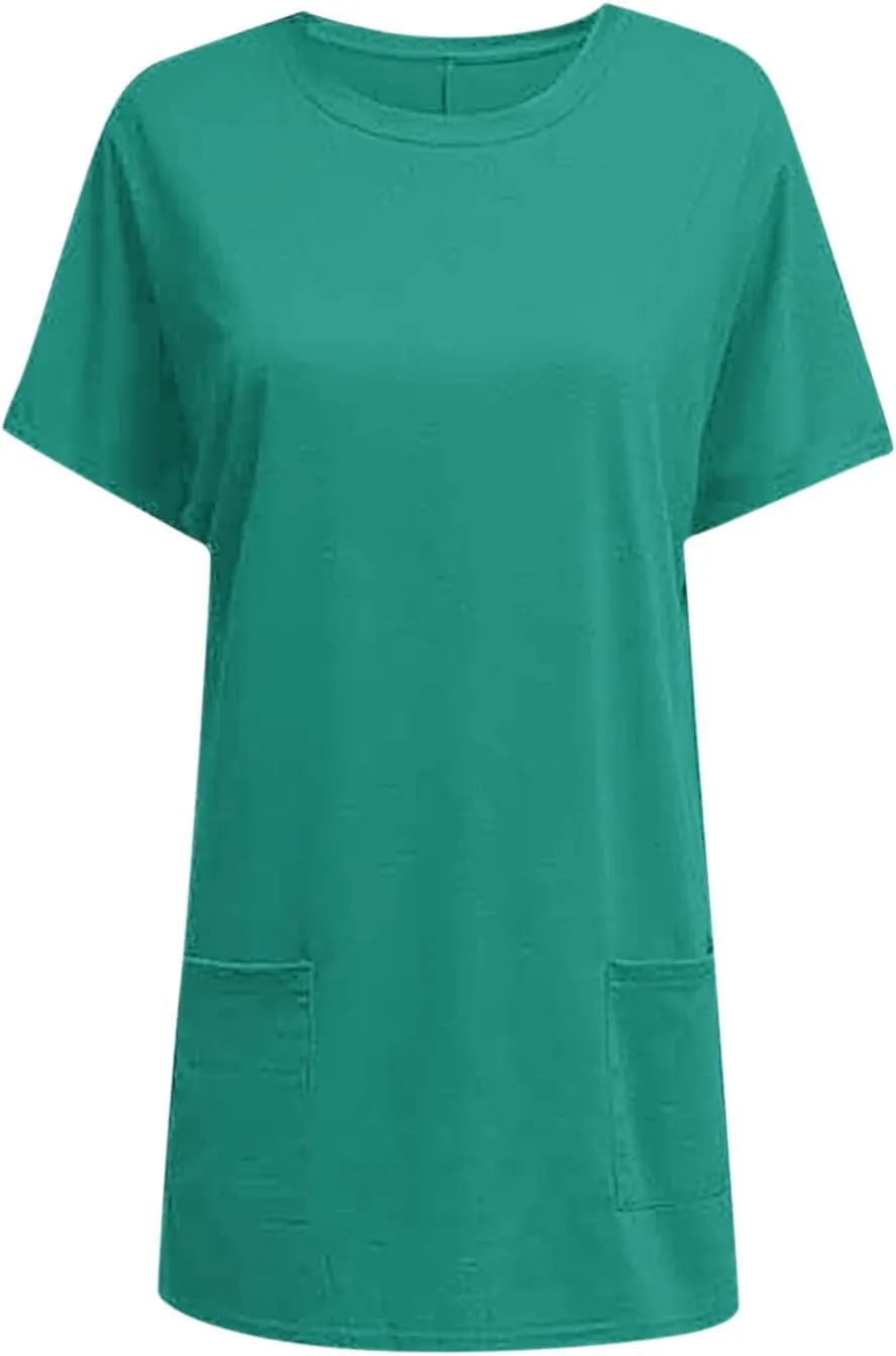 Womens Tunic Tops for Leggings Summer Short Sleeve Casual Long T Shirts Fashion Oversized Crew Neck Tops with Pockets