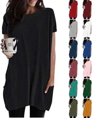 Womens Tunic Tops for Leggings Summer Short Sleeve Casual Long T Shirts Fashion Oversized Crew Neck Tops with Pockets