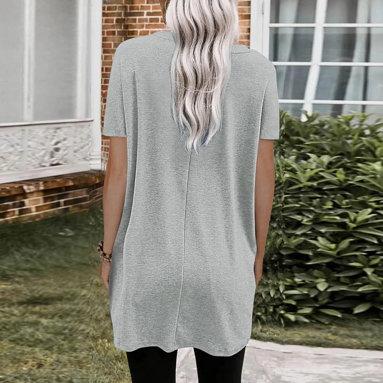Womens Tunic Tops for Leggings Summer Short Sleeve Casual Long T Shirts Fashion Oversized Crew Neck Tops with Pockets