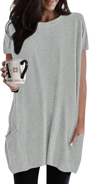 Womens Tunic Tops for Leggings Summer Short Sleeve Casual Long T Shirts Fashion Oversized Crew Neck Tops with Pockets