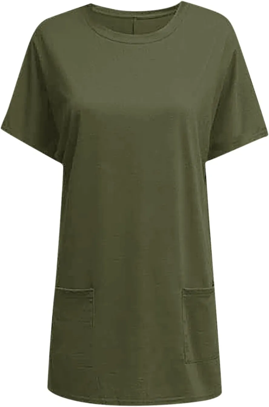 Womens Tunic Tops for Leggings Summer Short Sleeve Casual Long T Shirts Fashion Oversized Crew Neck Tops with Pockets