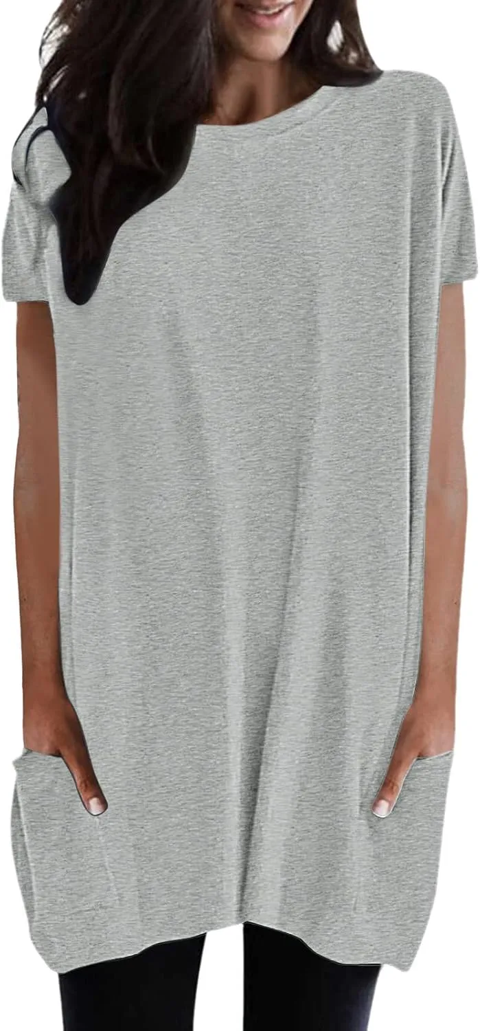 Womens Tunic Tops for Leggings Summer Short Sleeve Casual Long T Shirts Fashion Oversized Crew Neck Tops with Pockets