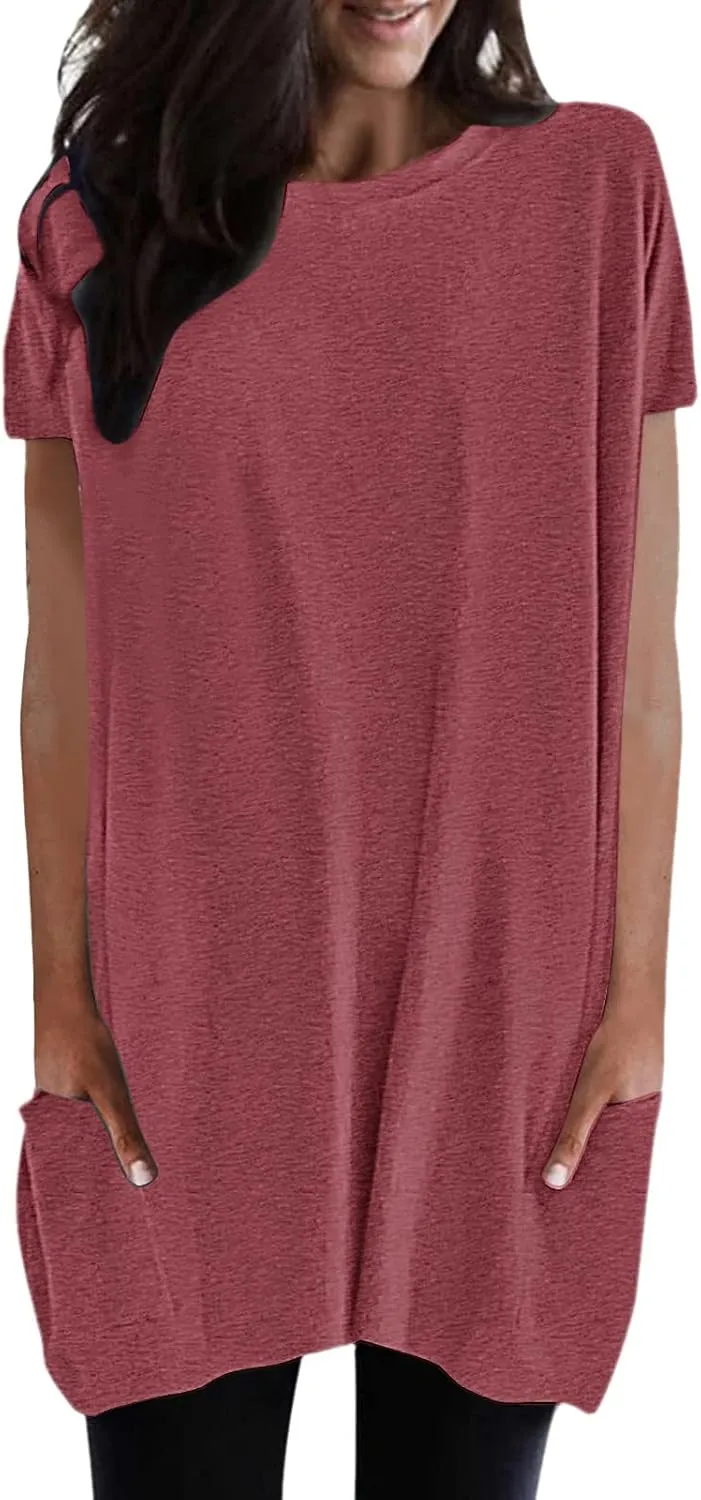 Womens Tunic Tops for Leggings Summer Short Sleeve Casual Long T Shirts Fashion Oversized Crew Neck Tops with Pockets