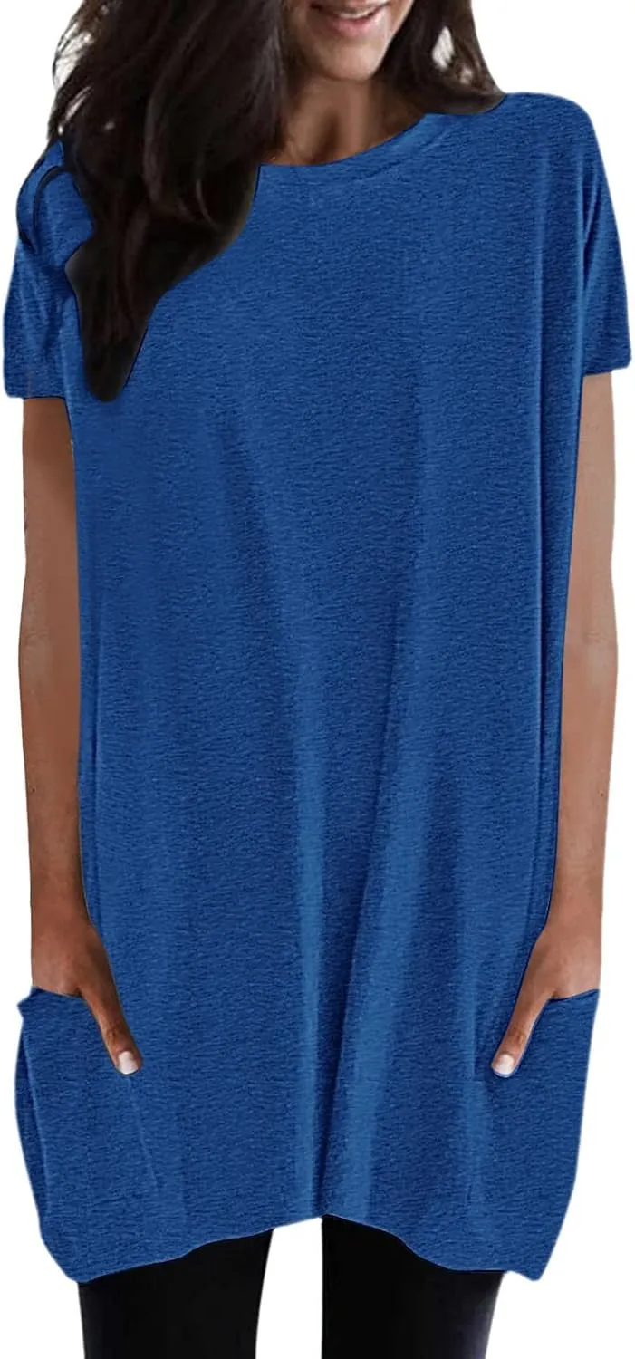 Womens Tunic Tops for Leggings Summer Short Sleeve Casual Long T Shirts Fashion Oversized Crew Neck Tops with Pockets